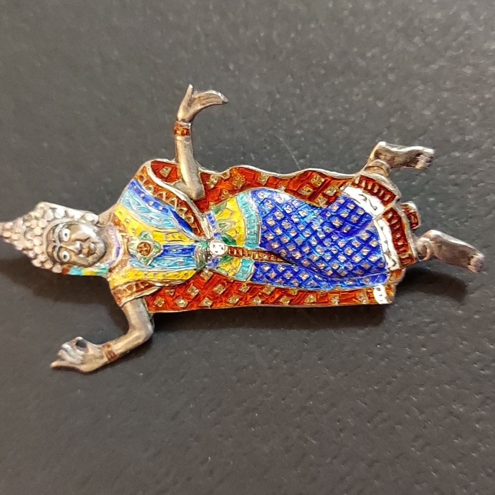 Vintage Siam Sterling Silver Dancer Goddess Nielo Pin Brooch